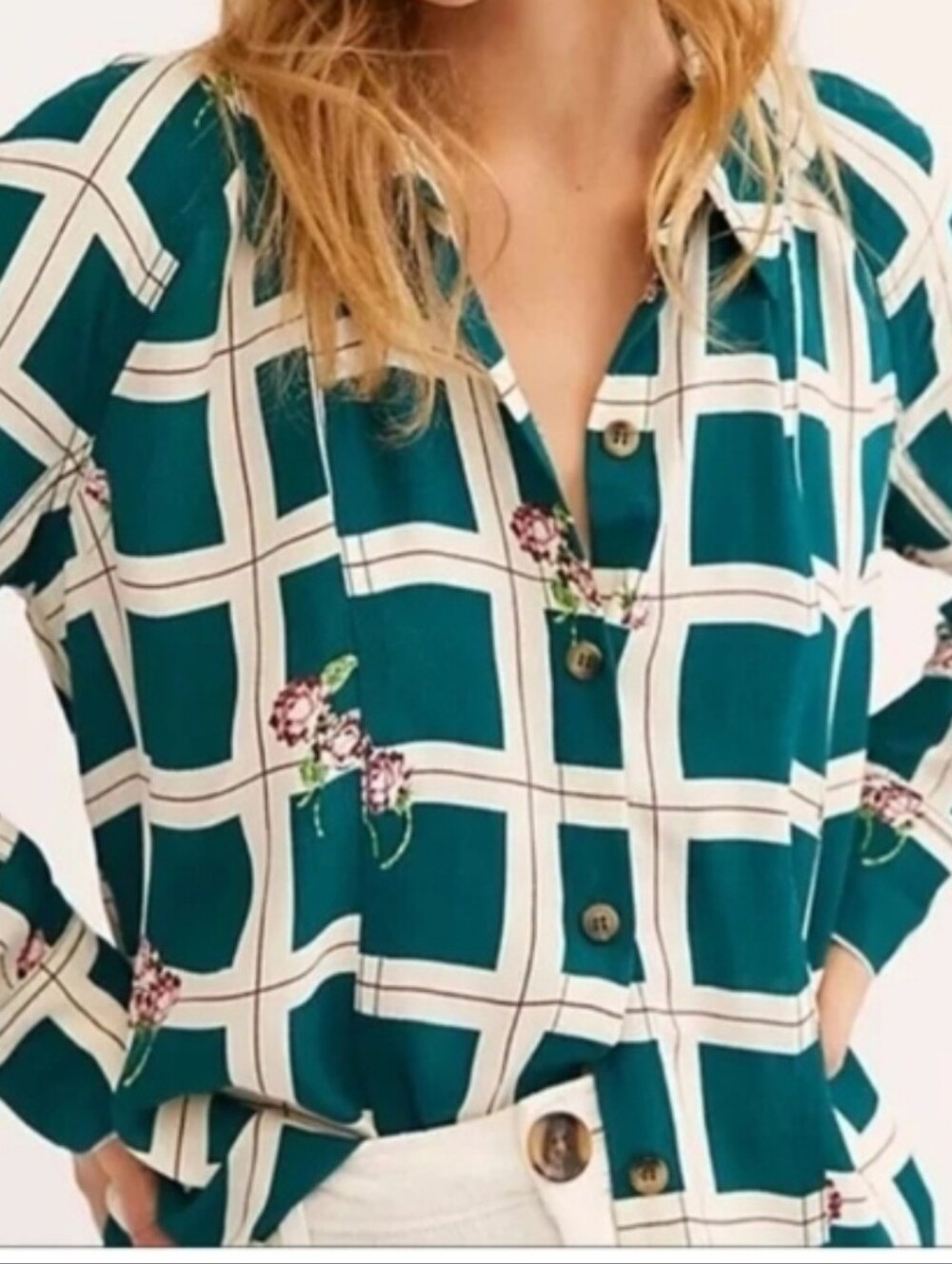 Free People Teal and Cream Window To My Heart Blouse